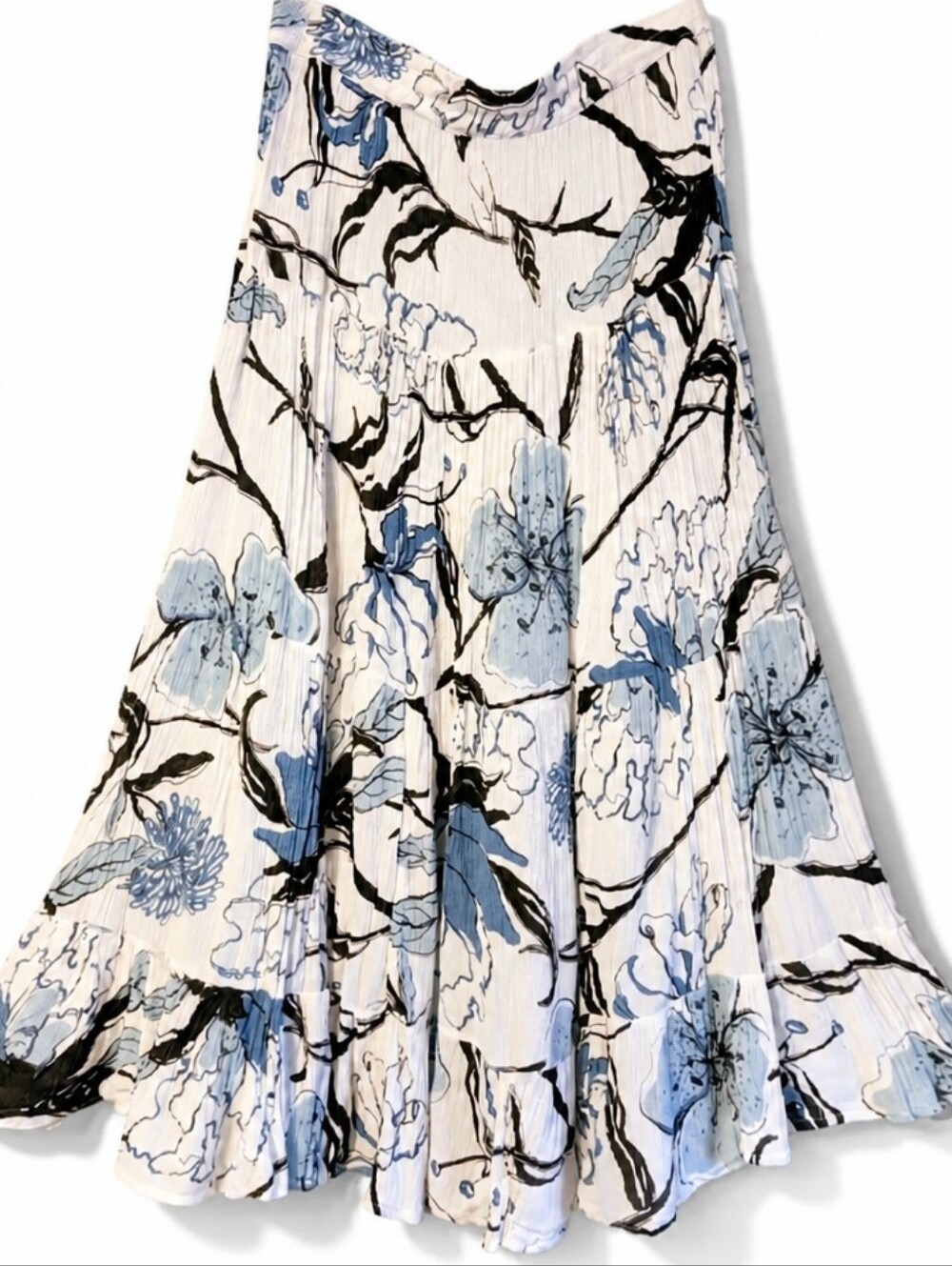 Vintage 90's Hibiscus Floral Block Print Maxi Skirt L Boho Crinkle Gauzy Rayon
